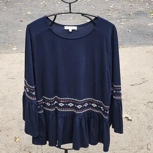 Angel Premium Navy Blue Embroidered Peplum Bell Sleeve Top Womens Large Boho